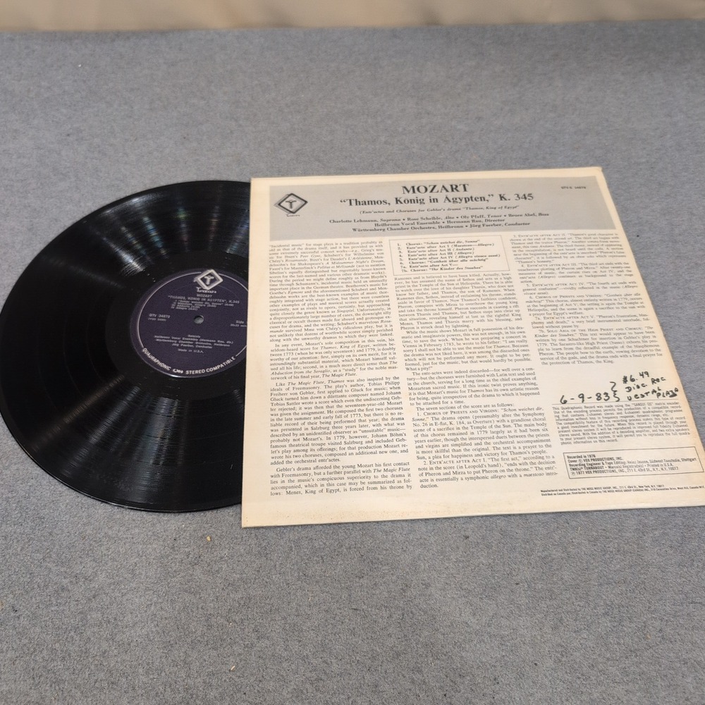 Mozart Thamos Konig in Agypten K 345 Turnabout QTV 34679 Quadraphonic Vinyl LP - Picture 2 of 2